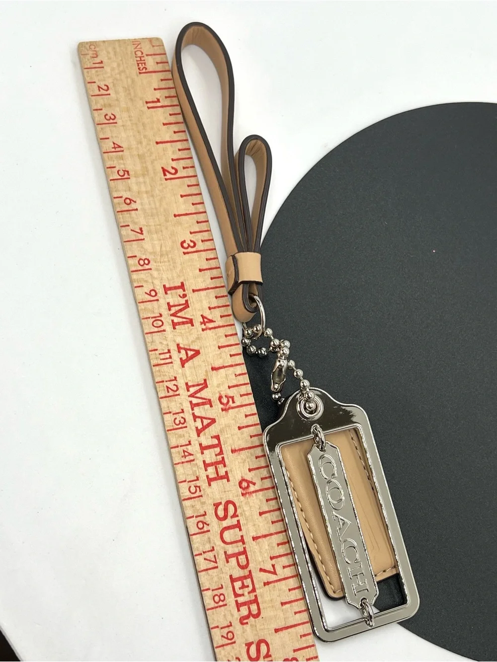 COACH Beige Leather Silver Logo 3 Piece Bag Charm Keychain Hang Tag Set
